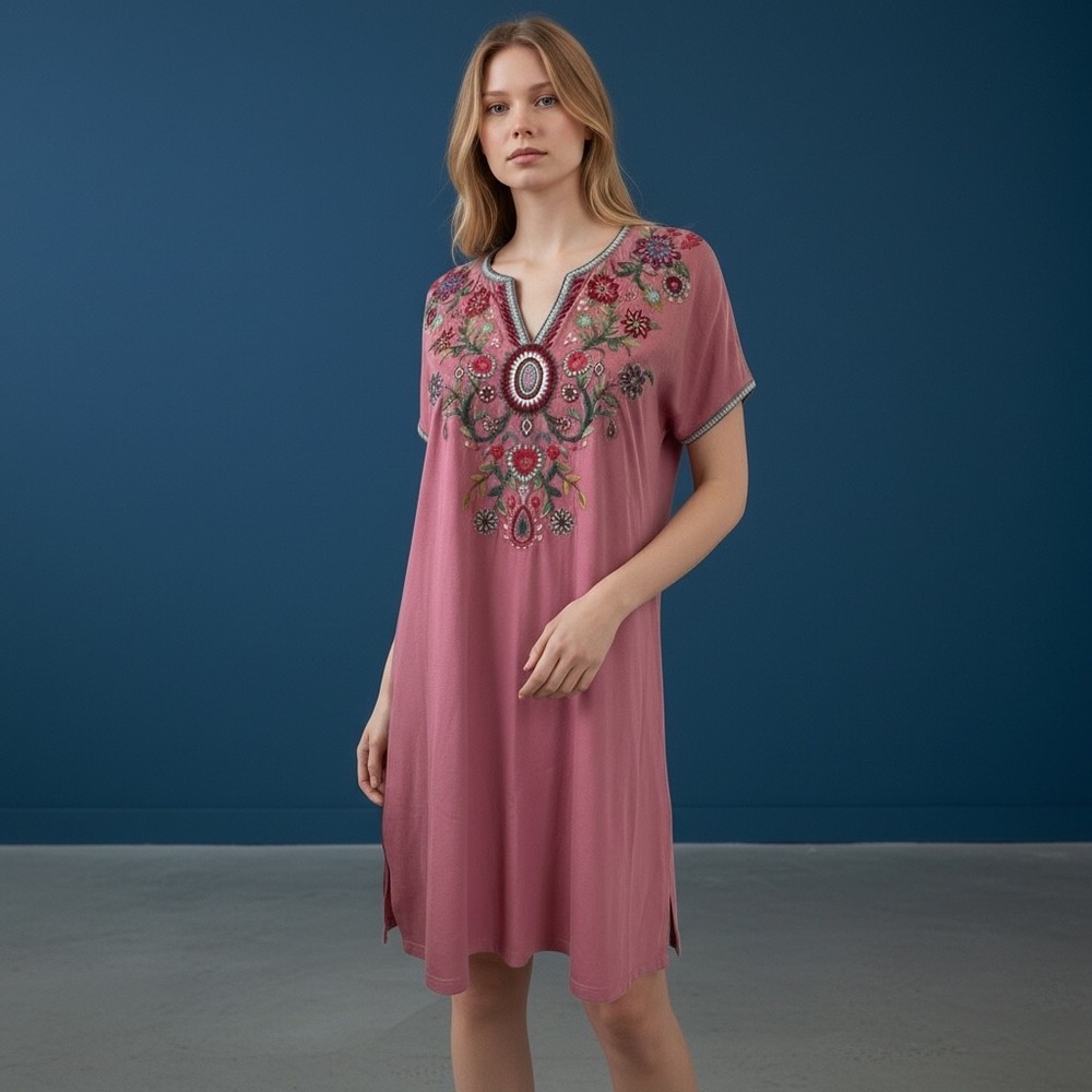 Johnny Was Hulda Easy Embroidery Tunic Dress‎ SIZE XS Dusty Rose